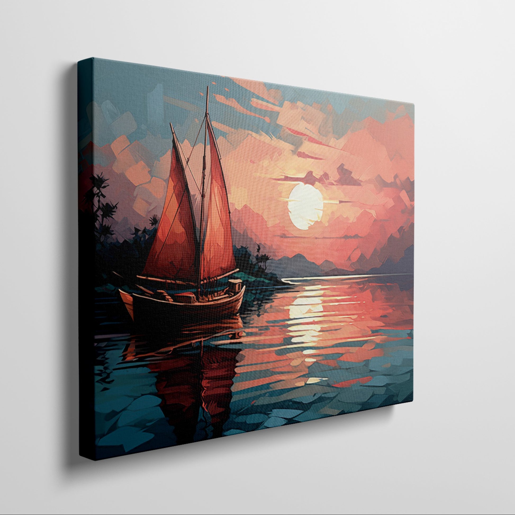 Framed canvas print of a stylised sunset seascape with a sailboat