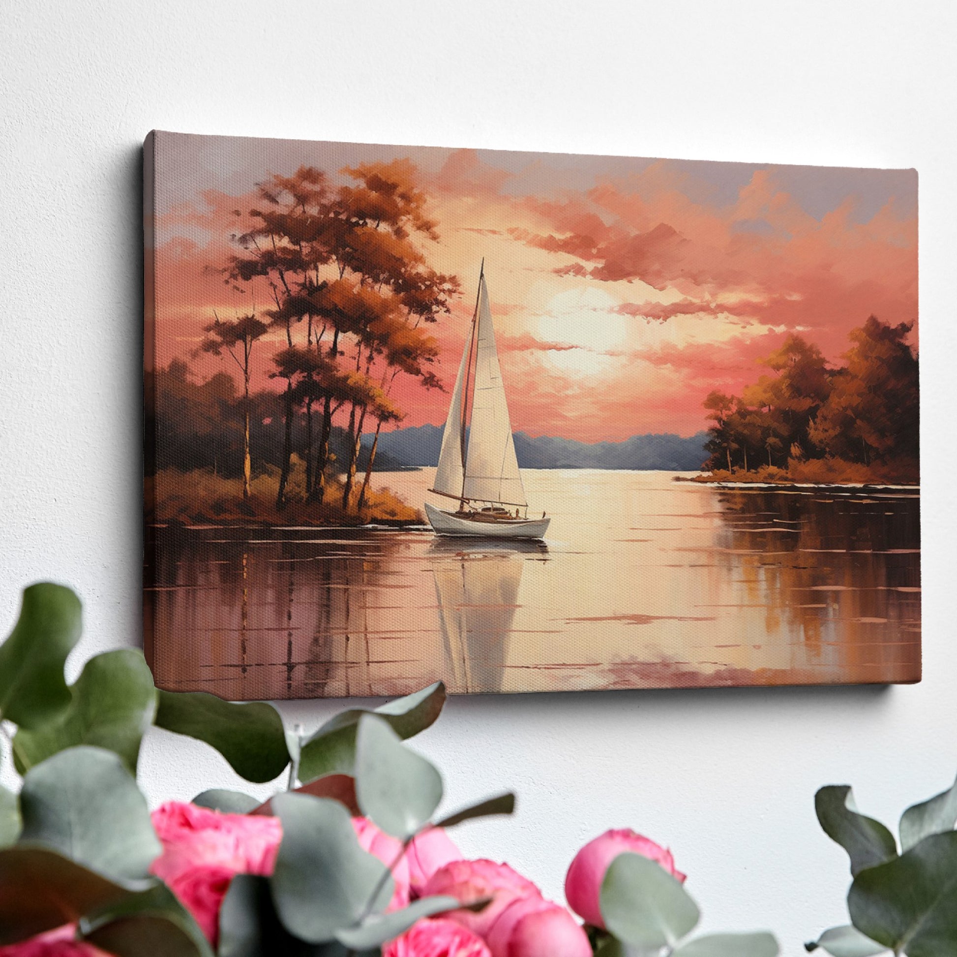 Impressionistic painting of a sailboat on a calm lake with orange and red sunset and tree silhouette reflections.