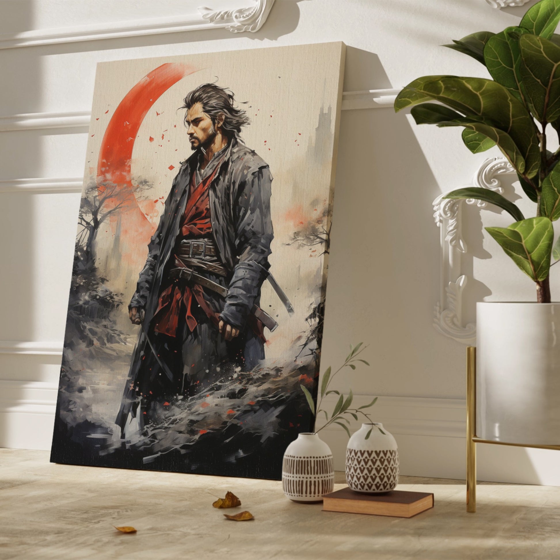 Framed canvas print of a samurai warrior in traditional Japanese attire with a red crescent background