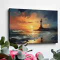 Framed canvas print of an impressionistic lighthouse seascape with vibrant sunset hues