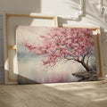 Framed canvas print of a serene cherry blossom tree by a tranquil lake with soft pastels and misty ambience