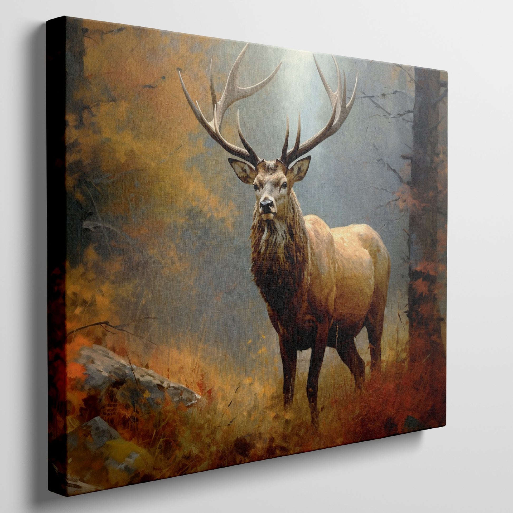 Framed canvas print of a majestic stag standing in an autumn forest with vibrant foliage