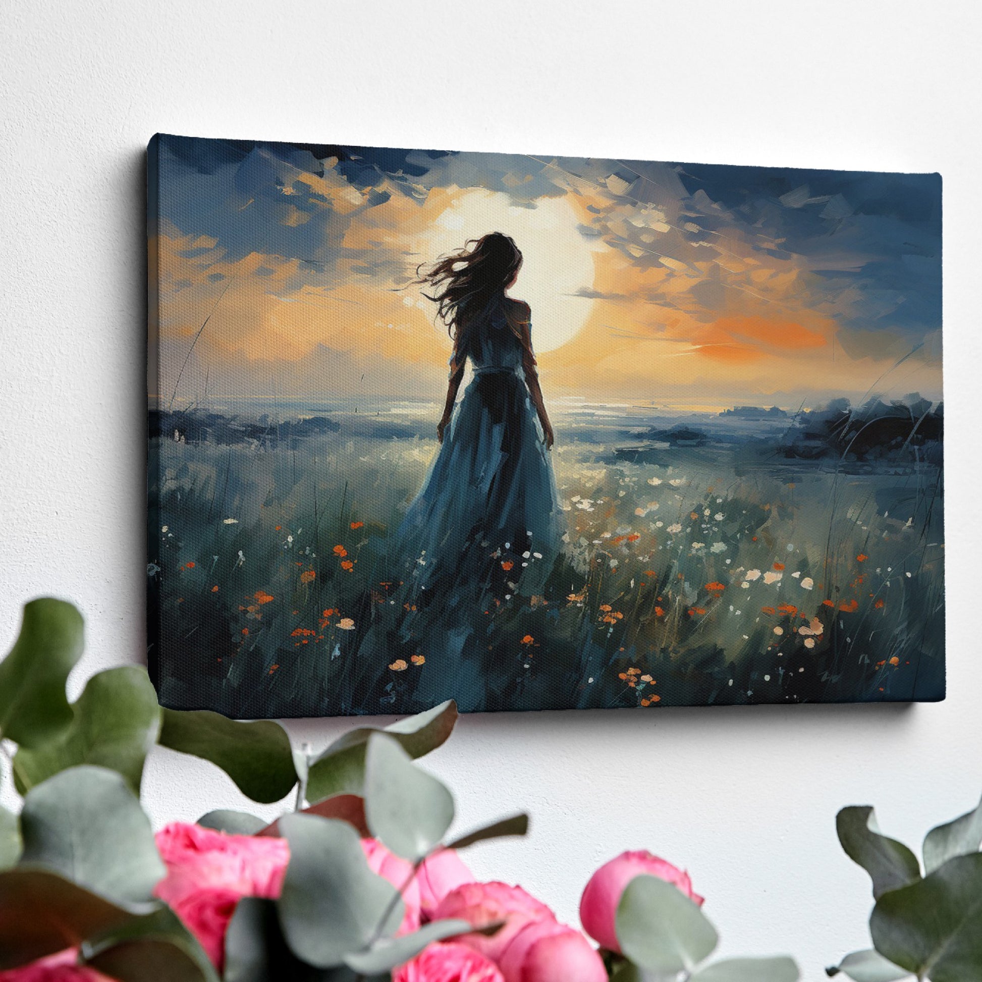 Framed canvas print of a figure in a meadow at sunset with dramatic sky and expressive brushstrokes