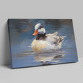 Framed canvas print of an impressionistic painting of a duck on water with blue tones