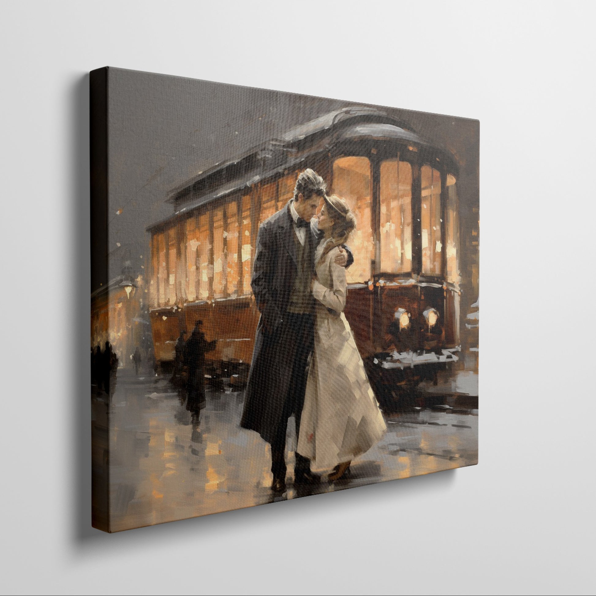 Framed canvas print of a romantic couple embracing on a snowy evening by a vintage streetcar