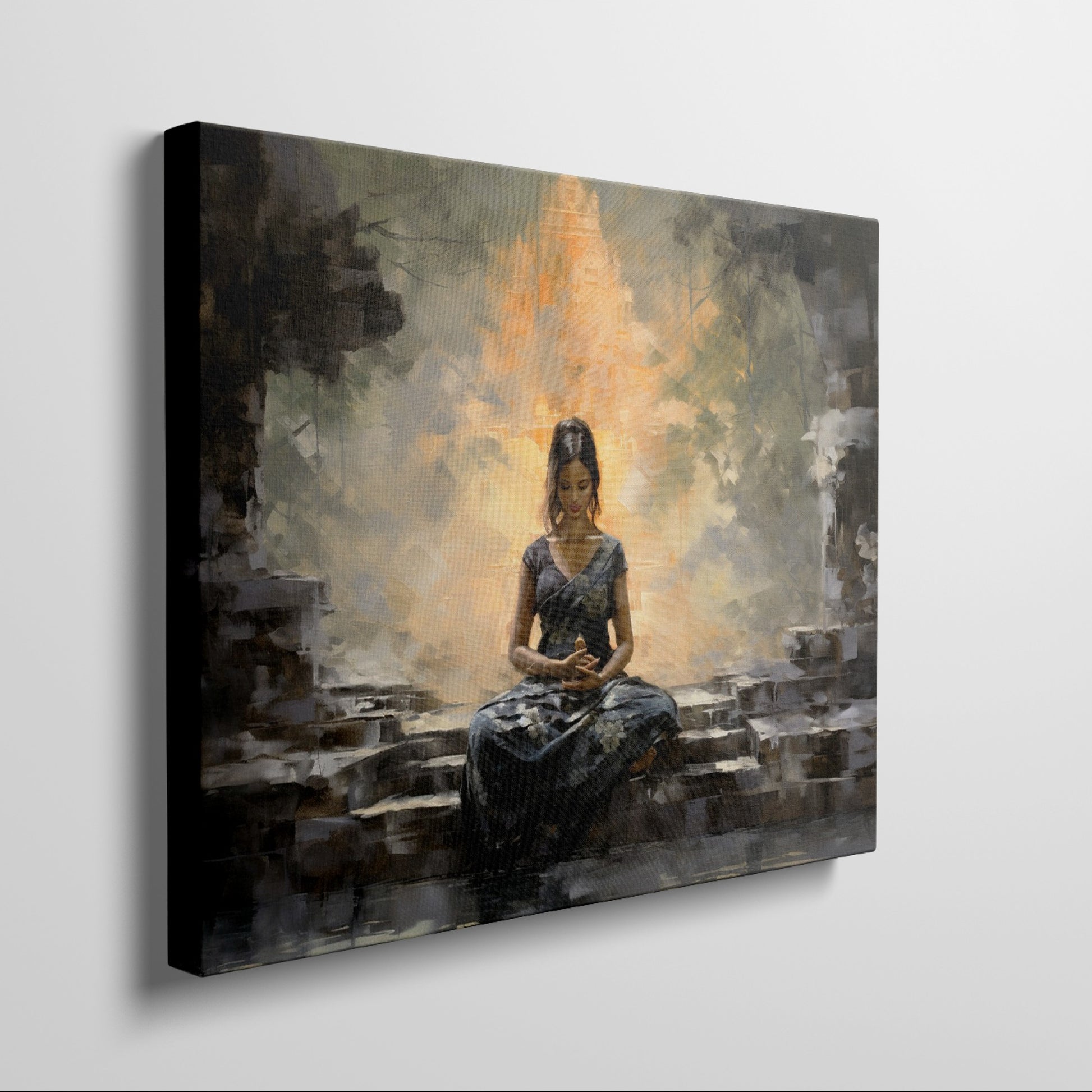 Framed canvas print of a meditative woman at an ancient temple with warm golden hues