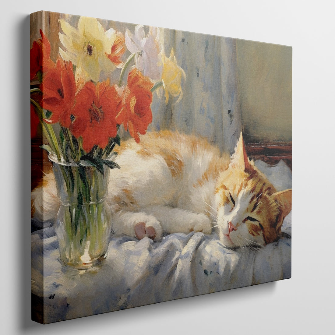 Framed canvas print of a ginger cat sleeping beside vibrant red tulips and yellow daffodils