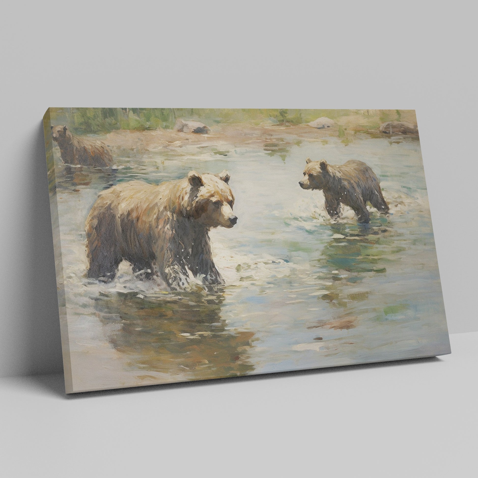 Framed canvas print of grizzly bears wading through water in an impressionist style