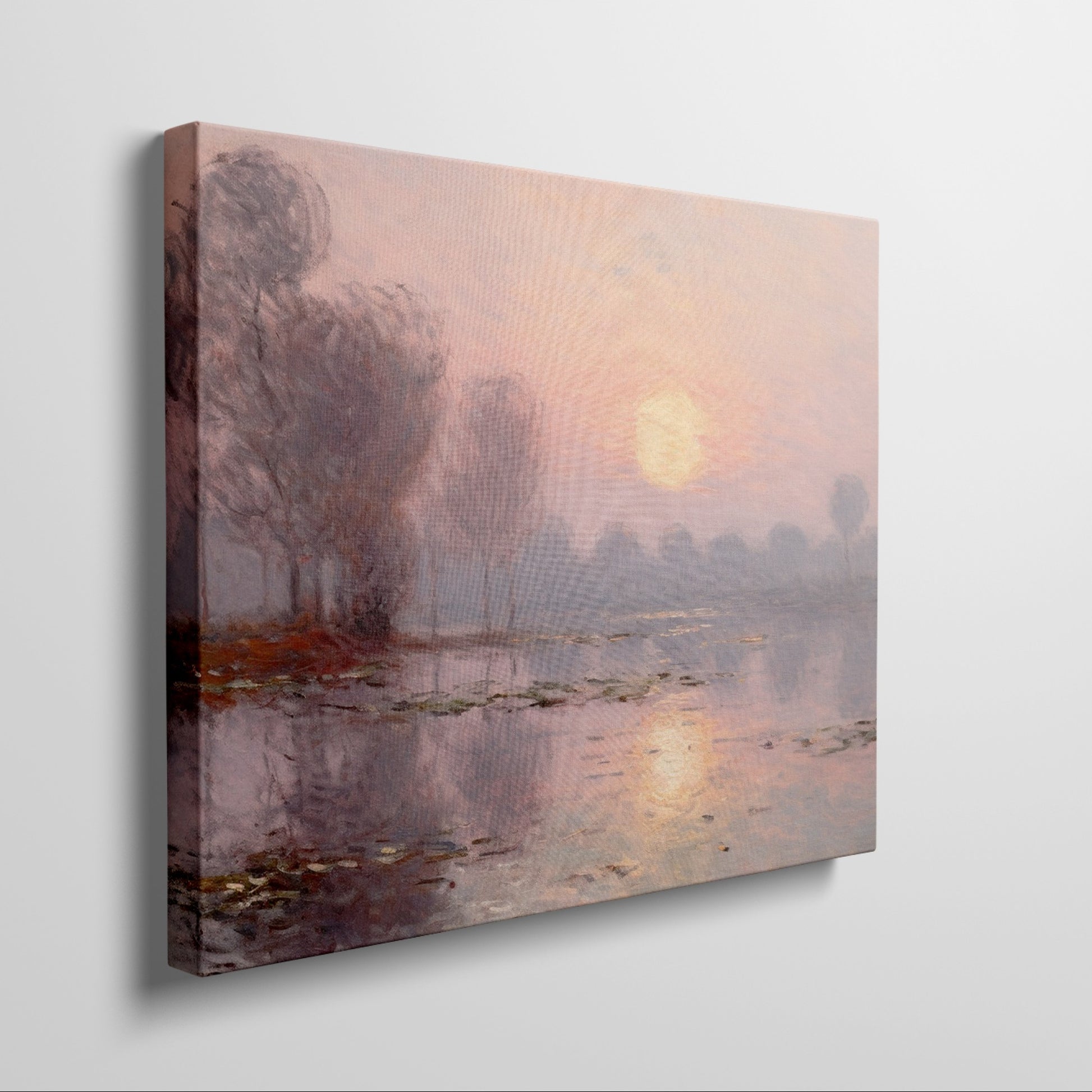 Framed canvas print of a misty river sunrise with reflection and soft pastel colours in impressionist style