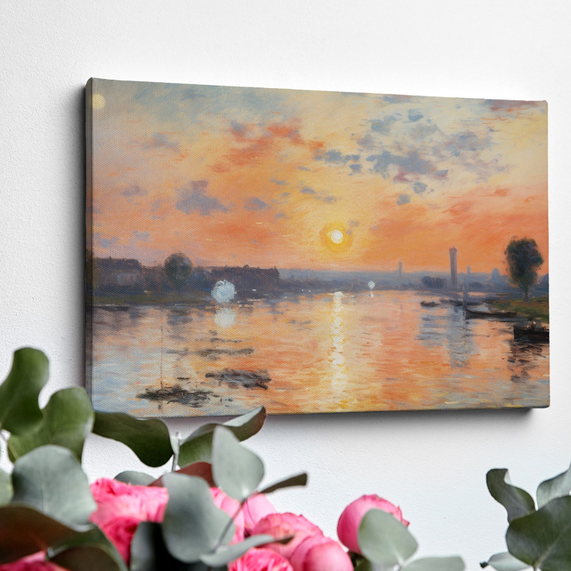 Framed canvas print of impressionist river landscape at sunset with vibrant orange and blue hues