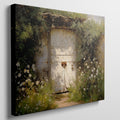 Framed canvas print of a rustic wooden door surrounded by an overgrown floral garden