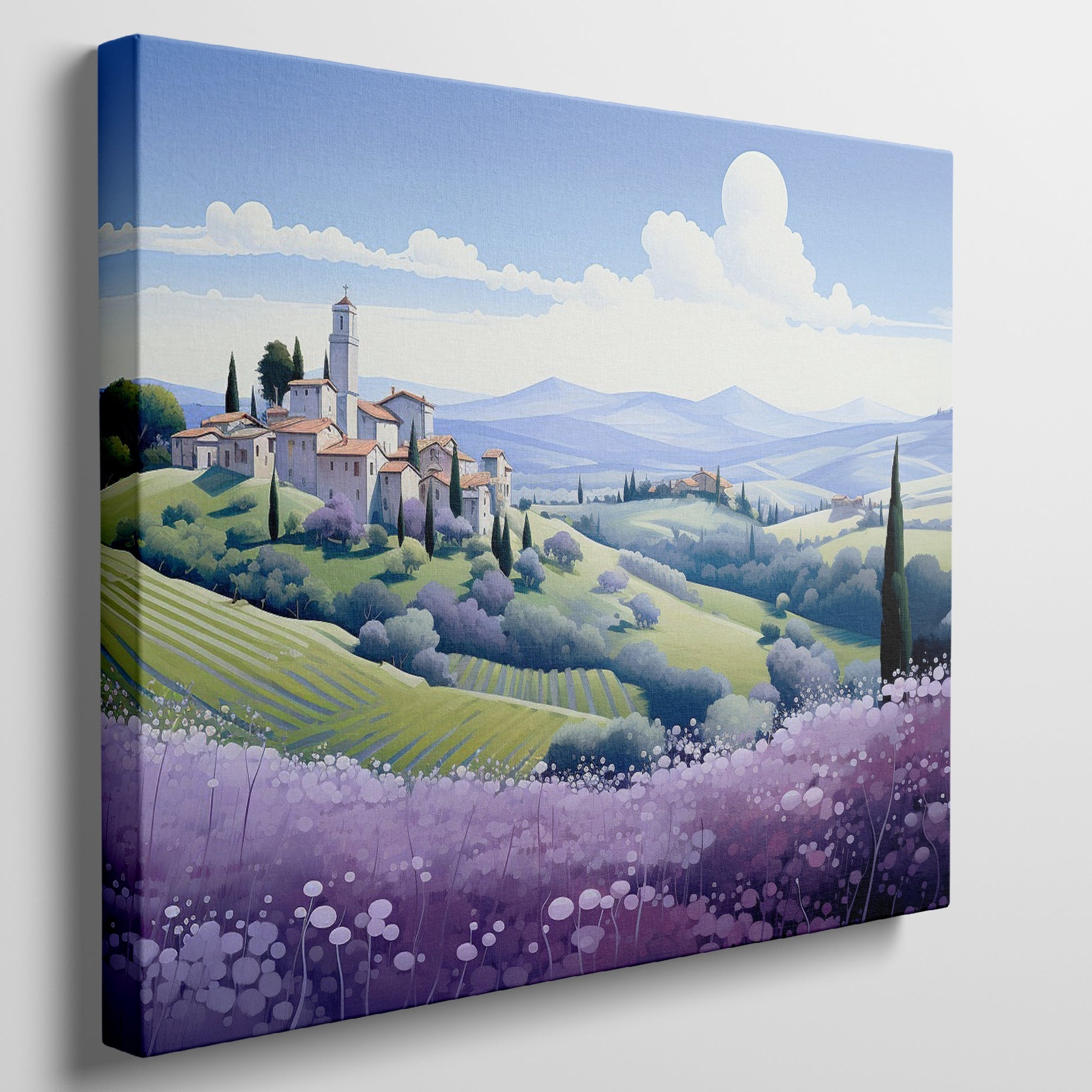 Framed canvas print of stylised Tuscan village landscape with pastel countryside and purple floral field