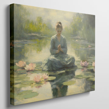 Framed canvas print of a meditative woman in a tranquil lotus pond with soft light and pastel colours