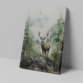 Framed canvas print of a majestic stag set against watercolour misty mountains and a lush forest