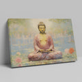 Framed canvas print of a serene Buddha in meditative pose with lotus flowers and reflective water