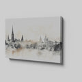 Framed canvas print of a monochromatic sepia cityscape with watercolor and reflection effects