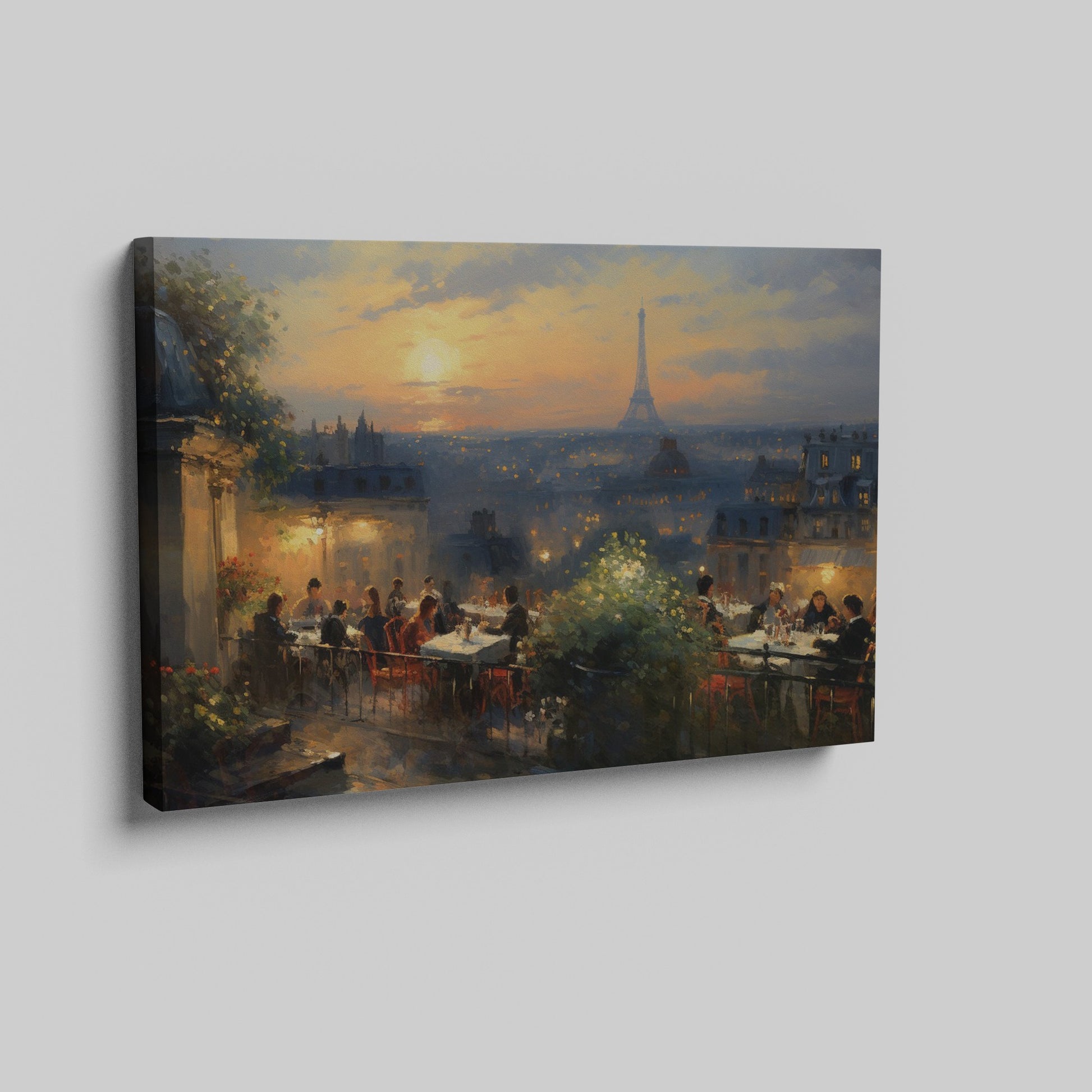 Framed canvas print of a Parisian sunset with diners on a balcony overlooking the Eiffel Tower