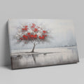 Abstract painting of a lone tree with red and white leaves reflected in water against a grey backdrop