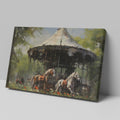 Framed canvas print of impressionist painting with rustic carousel, horses amidst poppies in countryside.