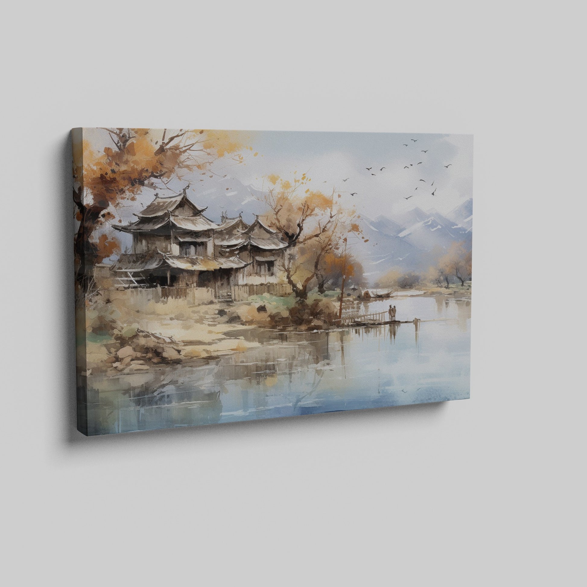 Canvas art of a tranquil oriental landscape with autumnal trees, traditional architecture, calm water, and mountains in the background.