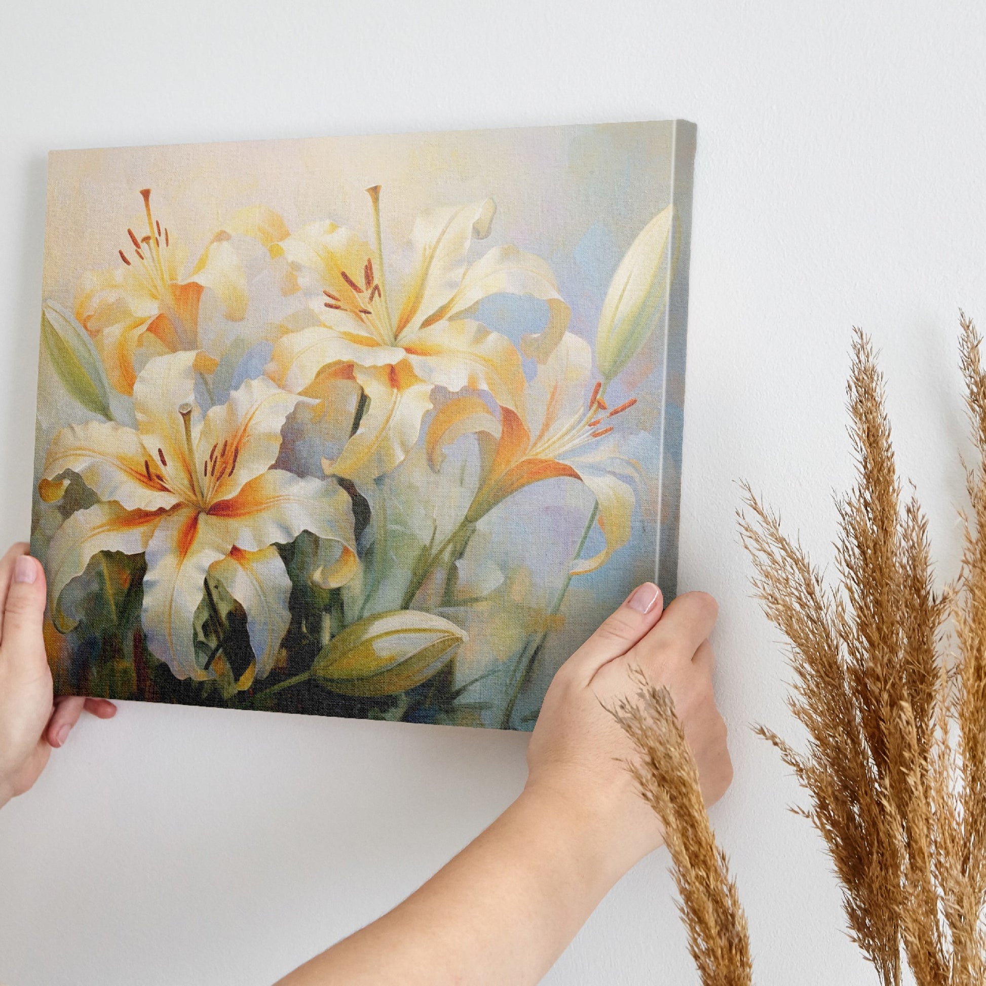 Framed canvas print of impressionist style lilies with soft pastel hues