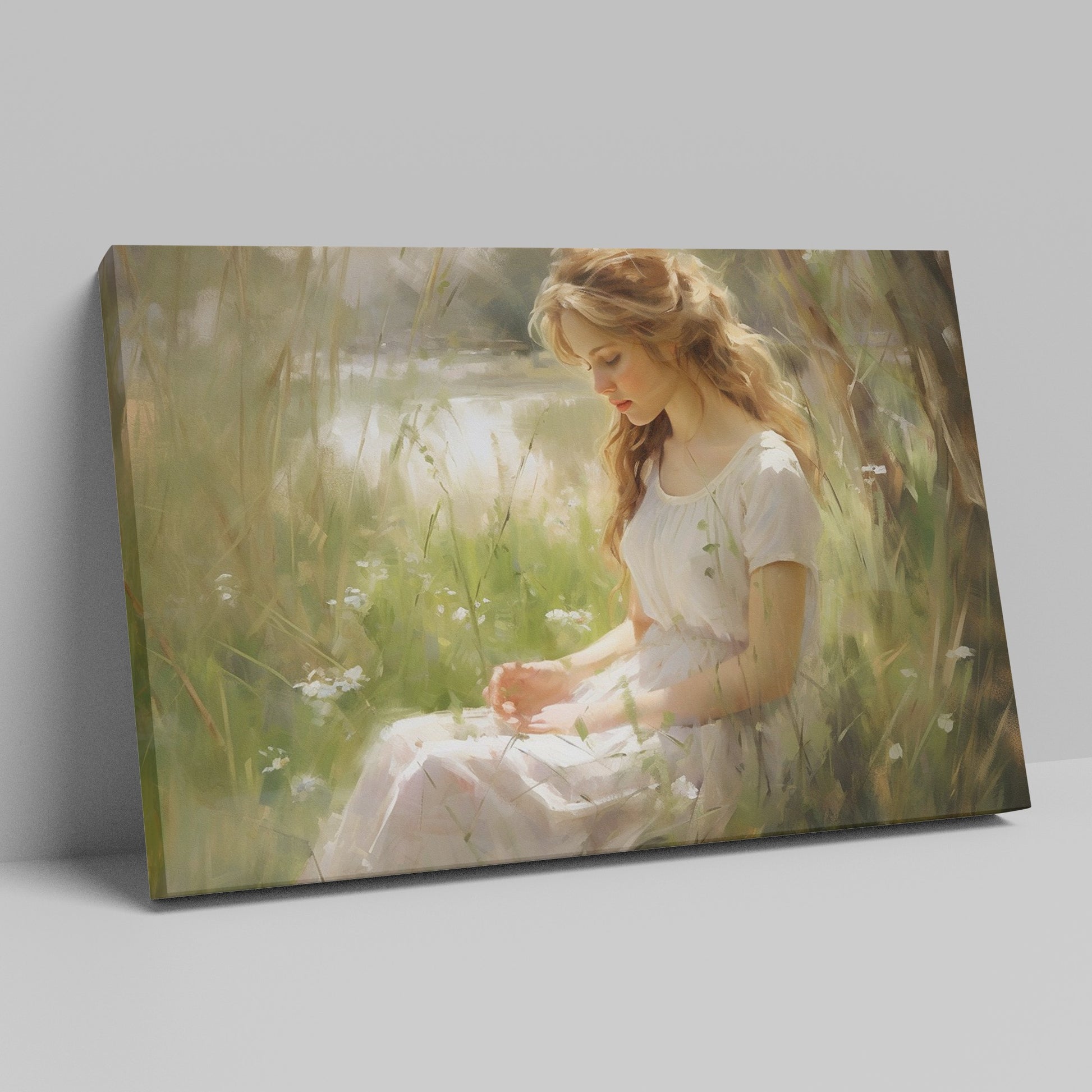 Framed canvas print of an elegant woman in a serene, sunlit meadow