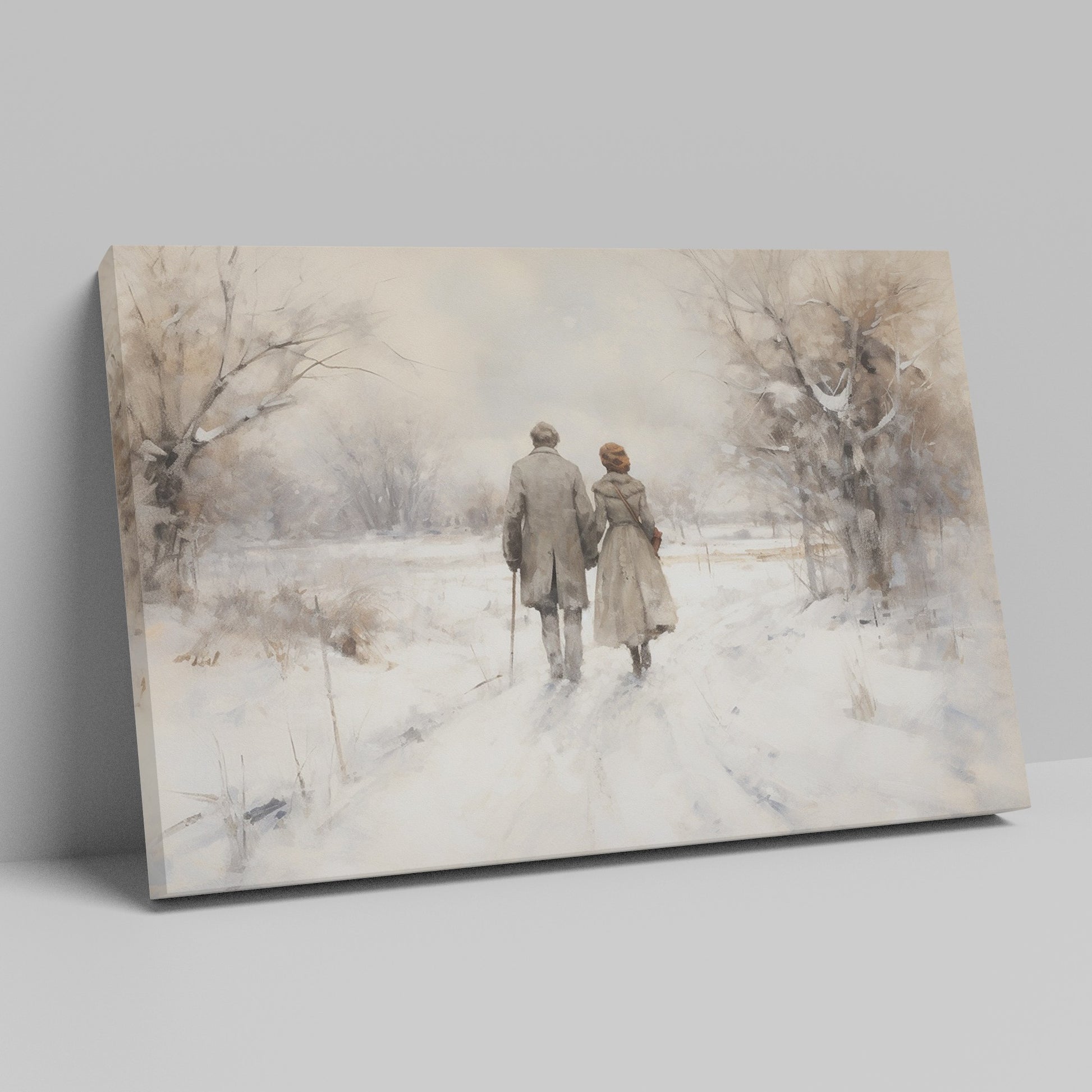 Framed canvas print of a couple walking hand-in-hand through a tranquil snowy landscape with warm earthy tones and soft whites.