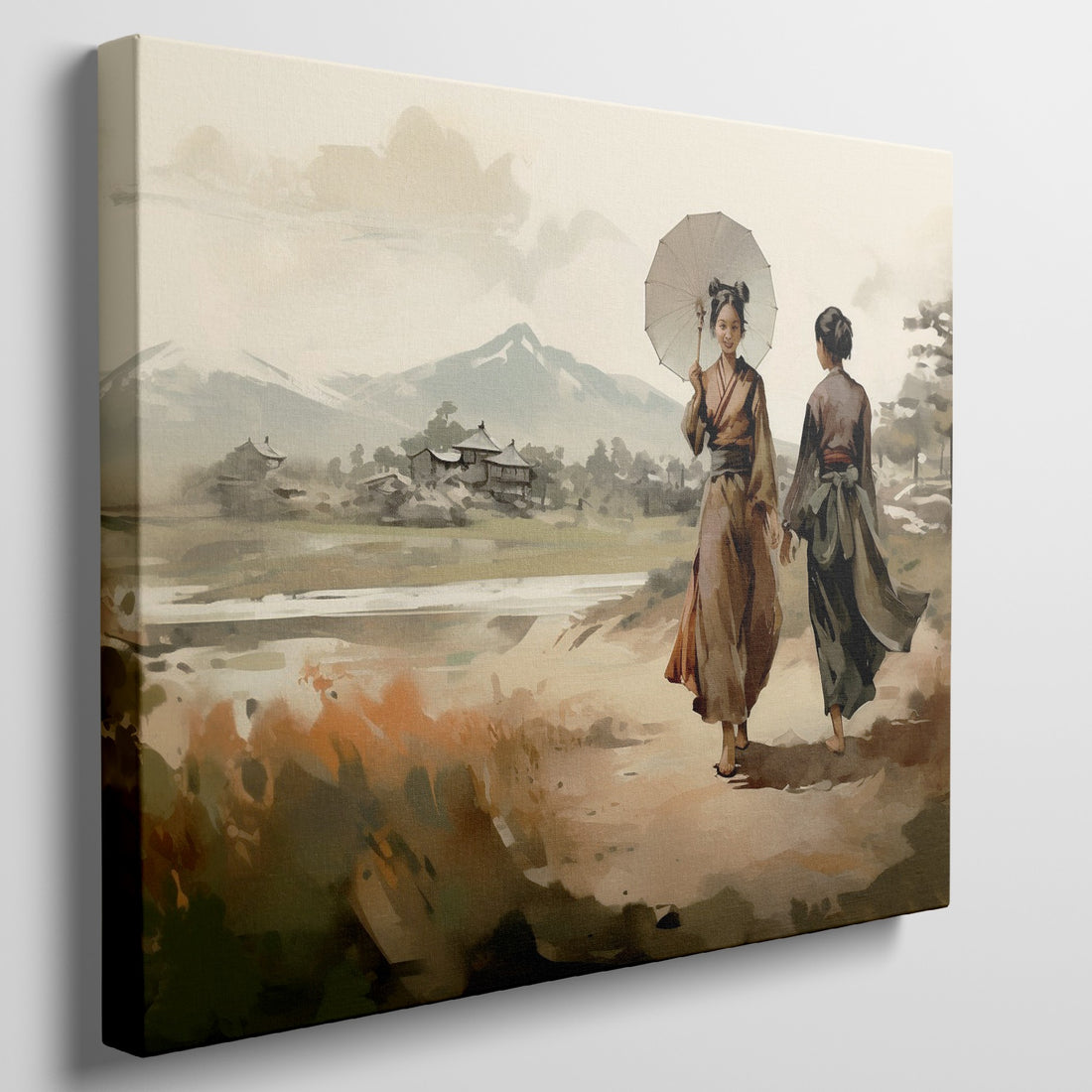 Painting of two figures in traditional Asian attire walking along a path in a serene landscape with mountains and historic buildings