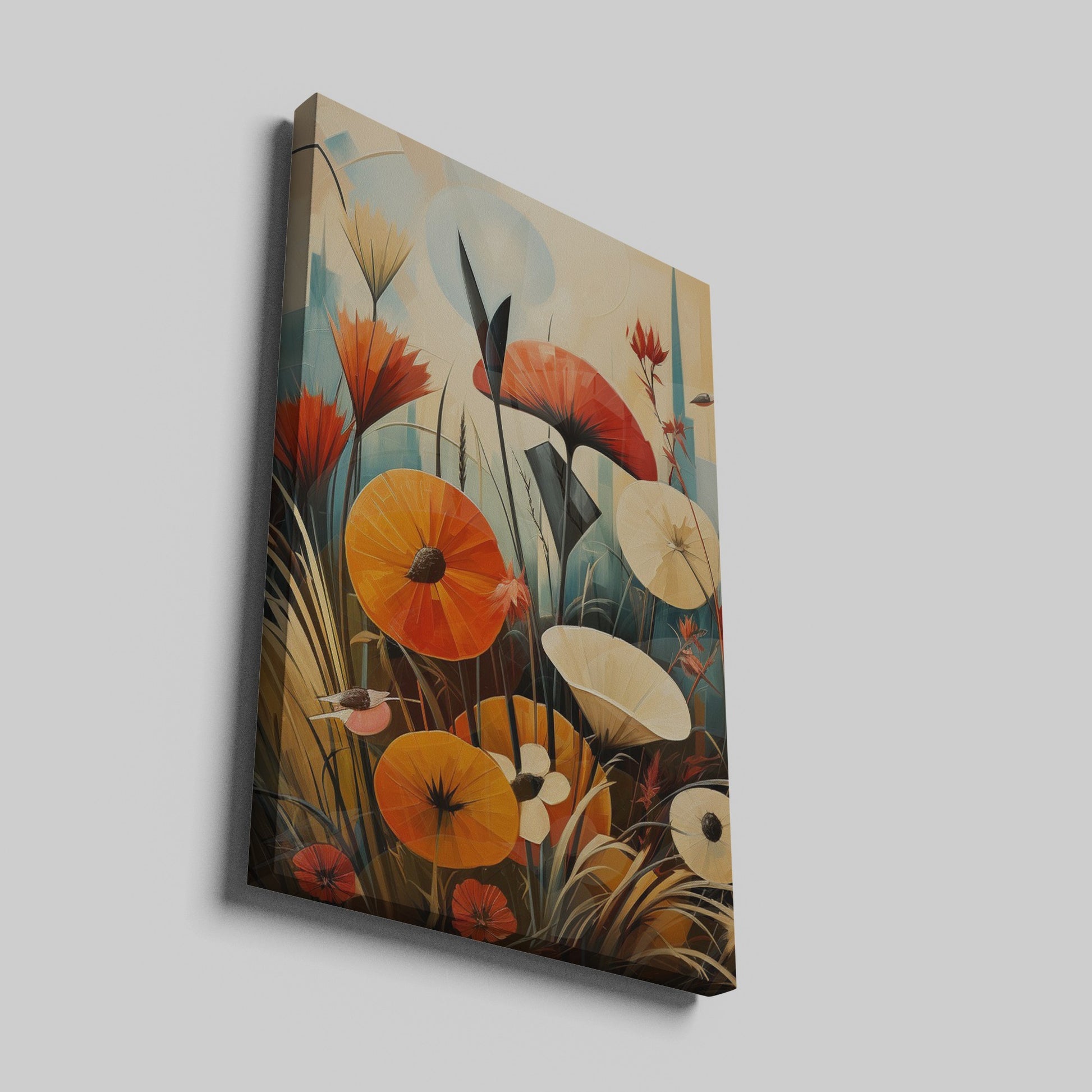 Framed canvas print of stylized poppies with a modern geometric cityscape background