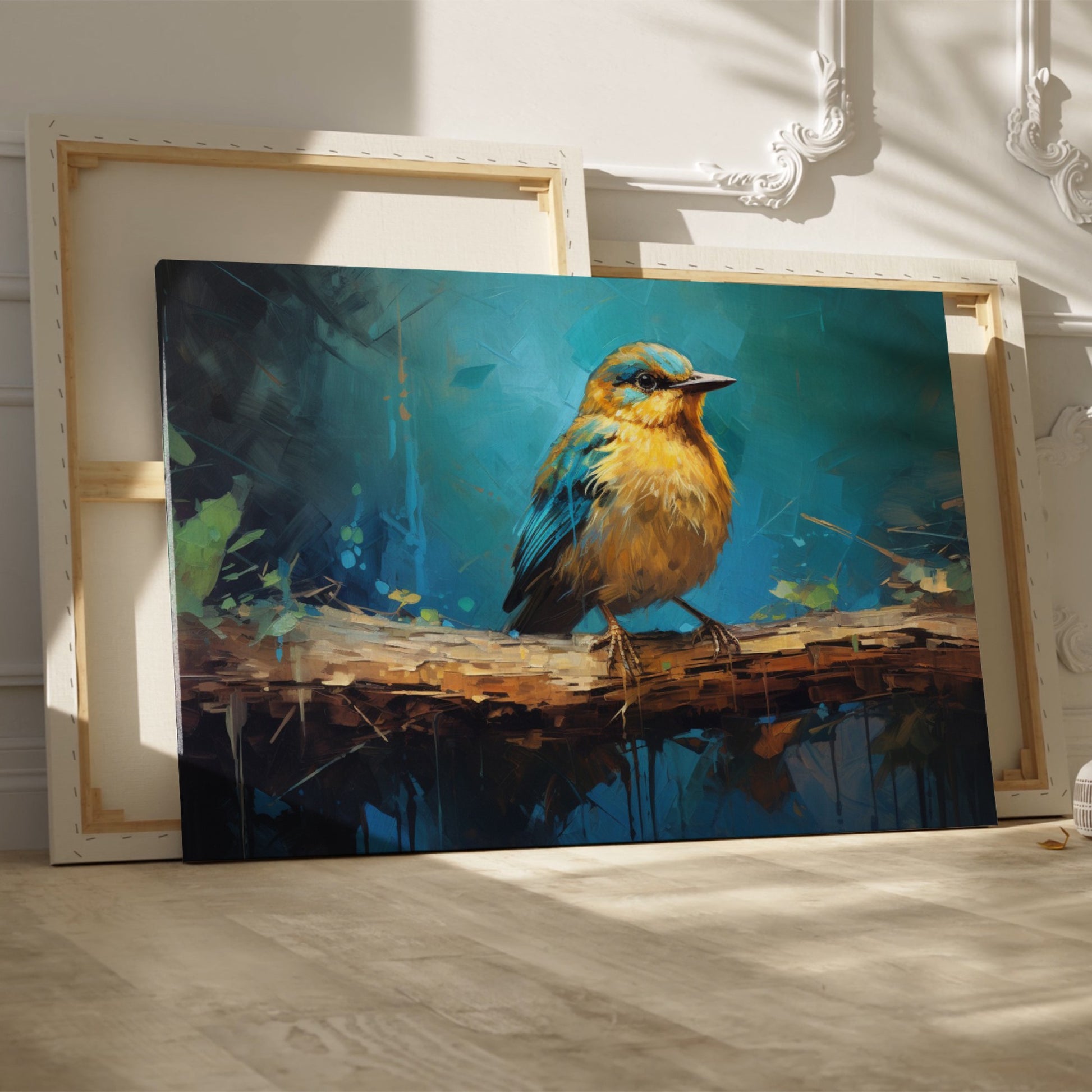 Framed canvas print of a vibrant blue and golden bird on branch with impasto texture