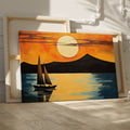 Geometric style painting of a sailboat at sunset with mountains and reflections in the water