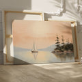 Peaceful landscape painting of a sailboat on a mirror-like lake with orange sky and pine trees