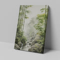 Framed canvas print of a misty bamboo forest with a gentle waterfall and rocks