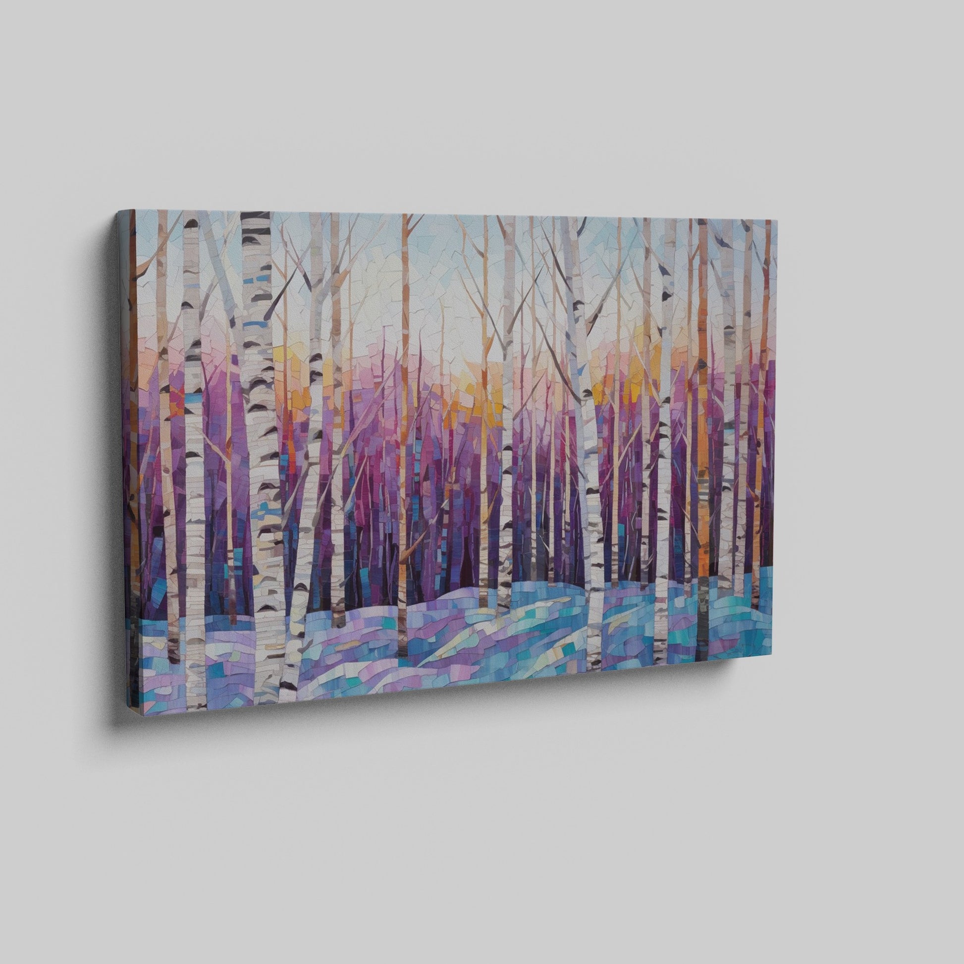 Framed canvas print of a vibrant geometric mosaic depicting an abstract birch forest with coloured leaves and sunset backdrop