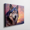 Framed canvas print of a stylized geometric husky against a colourful sunset