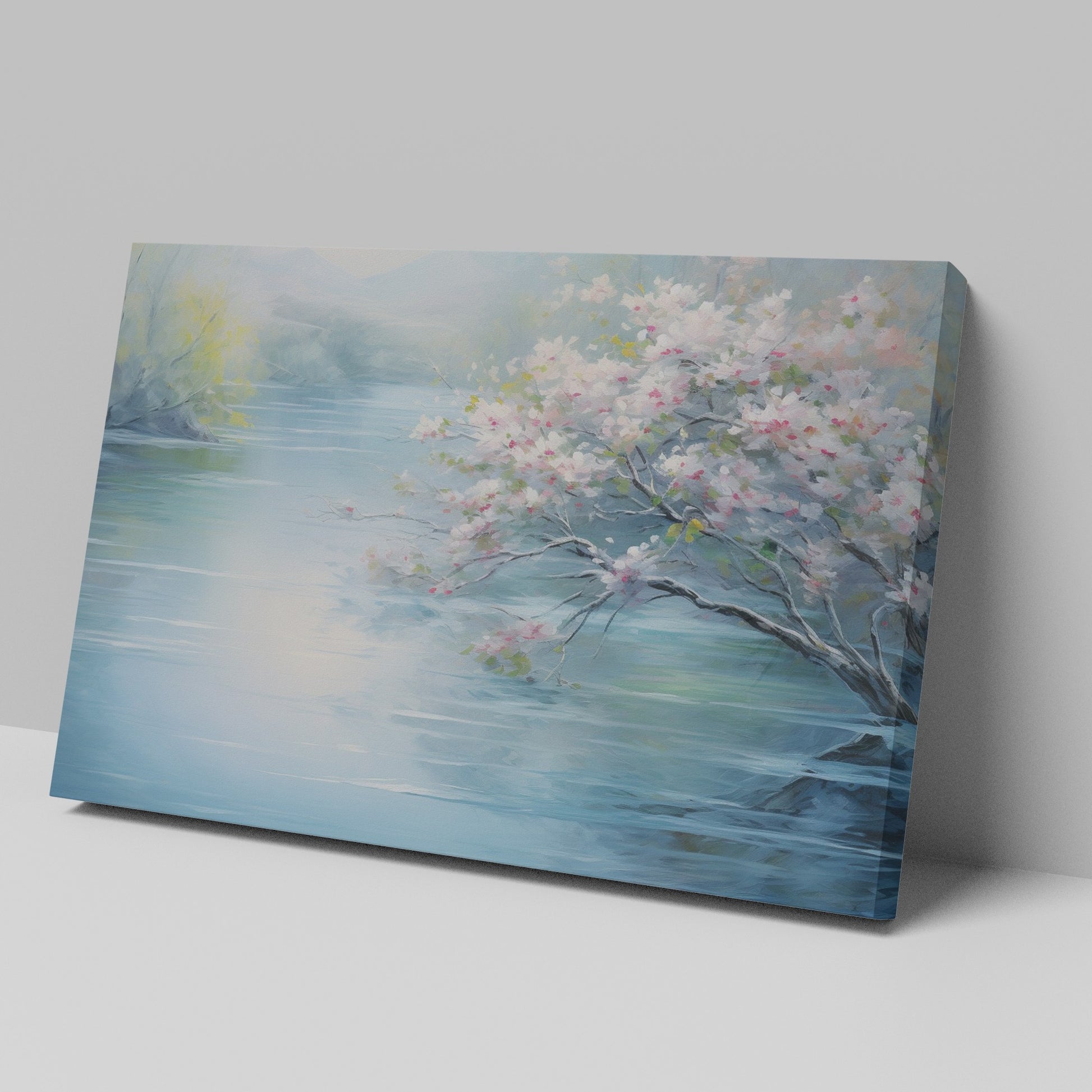 Framed canvas print of serene riverscape with cherry blossoms in impressionist style