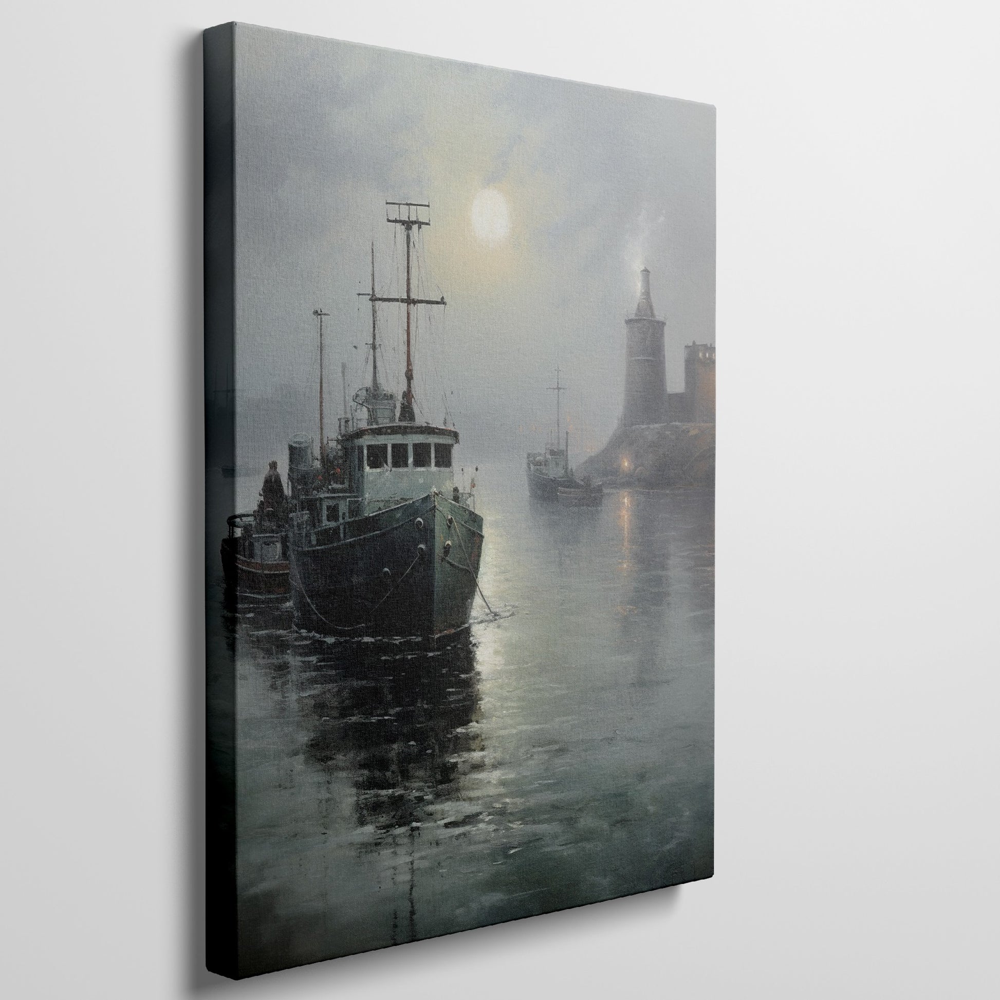 Framed canvas print of tranquil harbour scene with fishing boats and a lighthouse under a misty moonlit sky