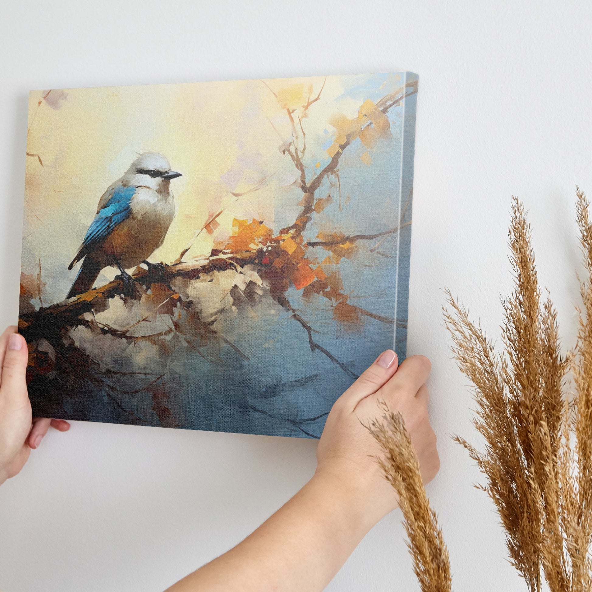 Framed canvas print of a stylised blue bird sitting on a branch with impressionistic brushstrokes