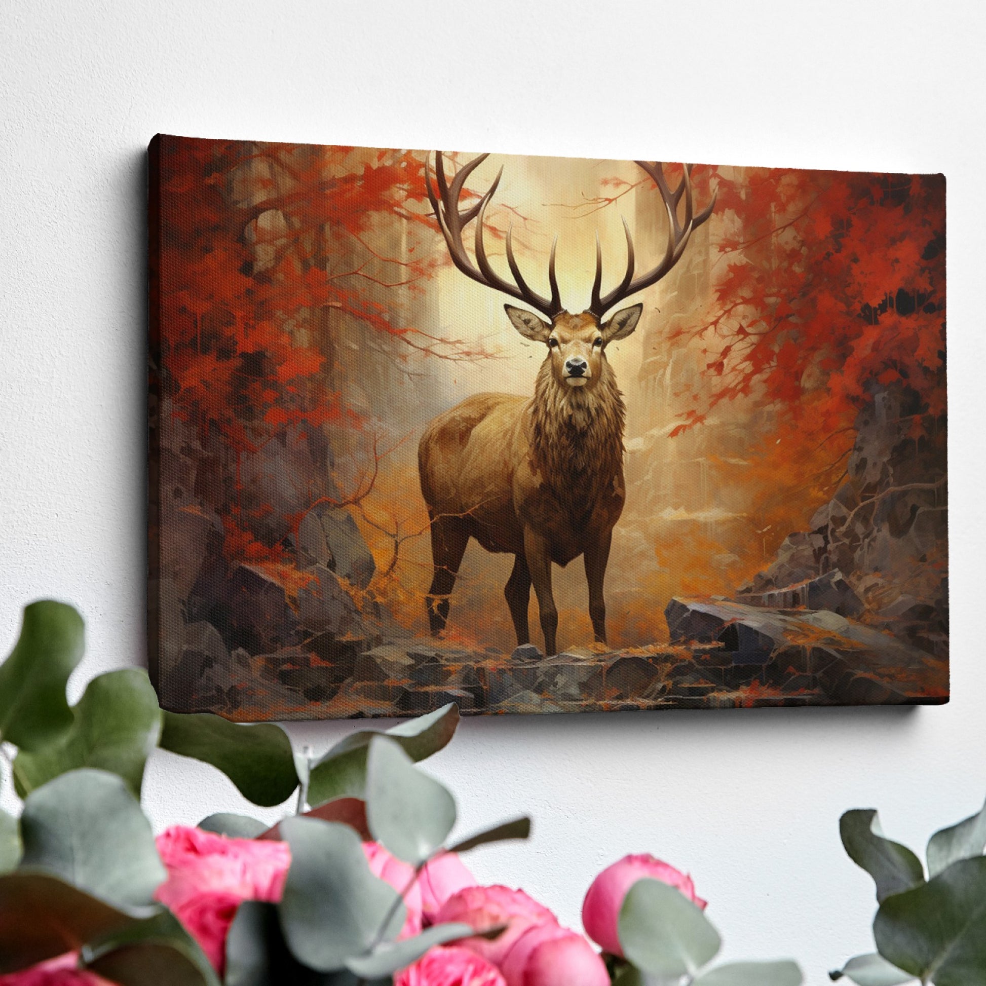 Framed canvas print of a majestic stag in an autumn forest with fiery red leaves