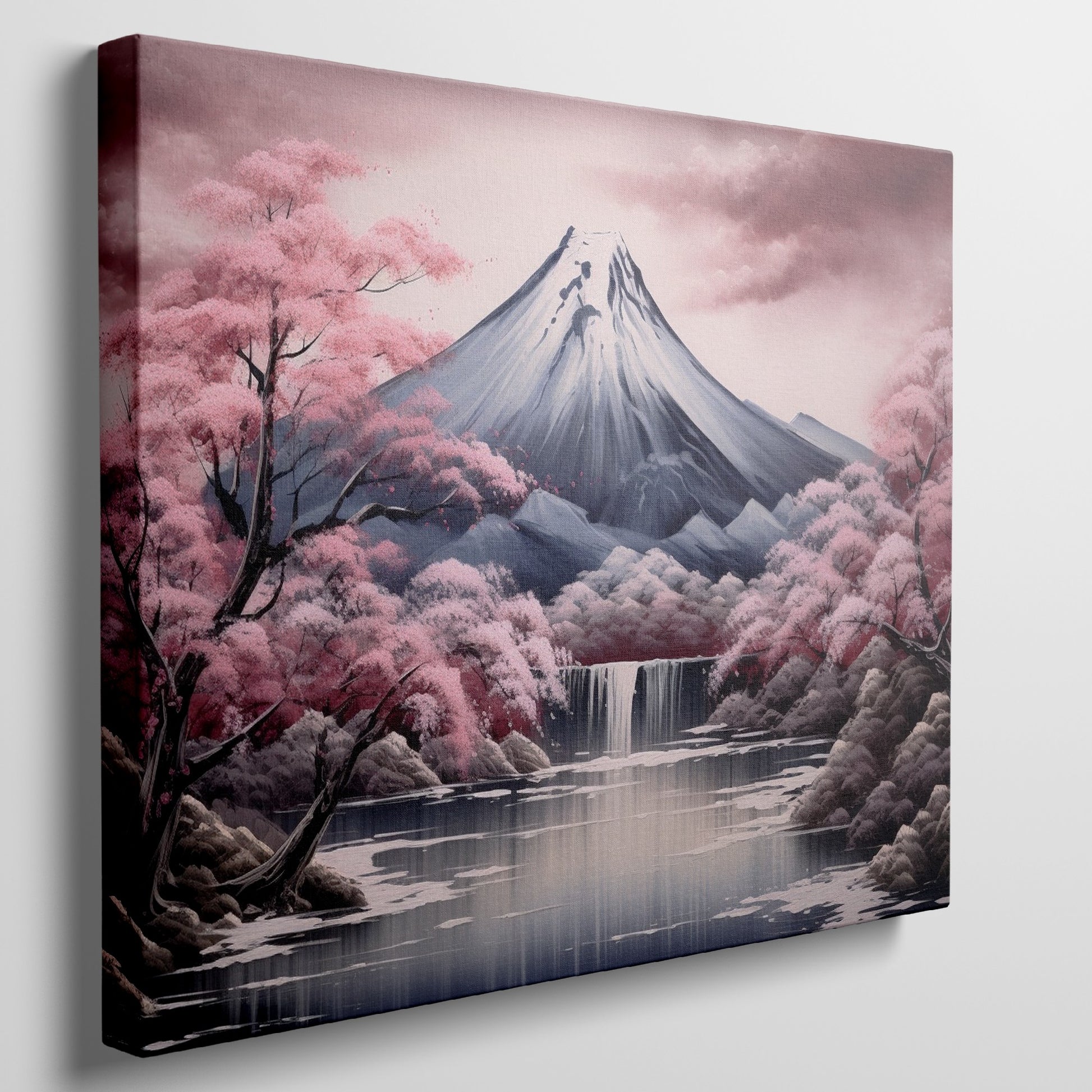 Framed canvas print of Mount Fuji with cherry blossoms and reflective lake