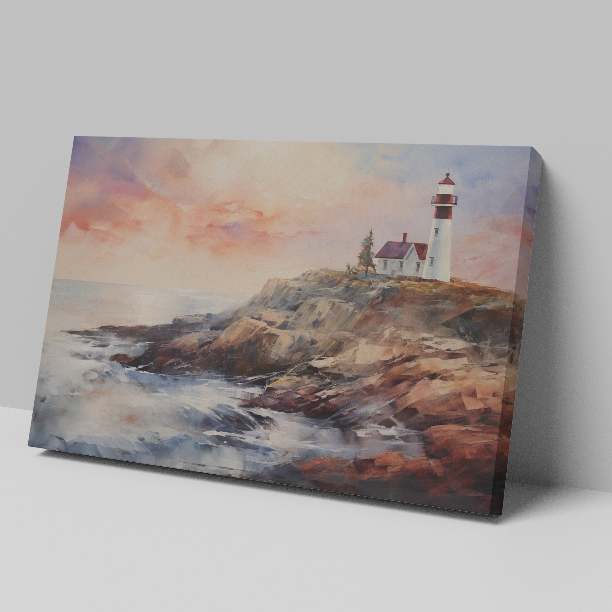 Framed canvas print of an impressionist lighthouse at sunset with vibrant colours