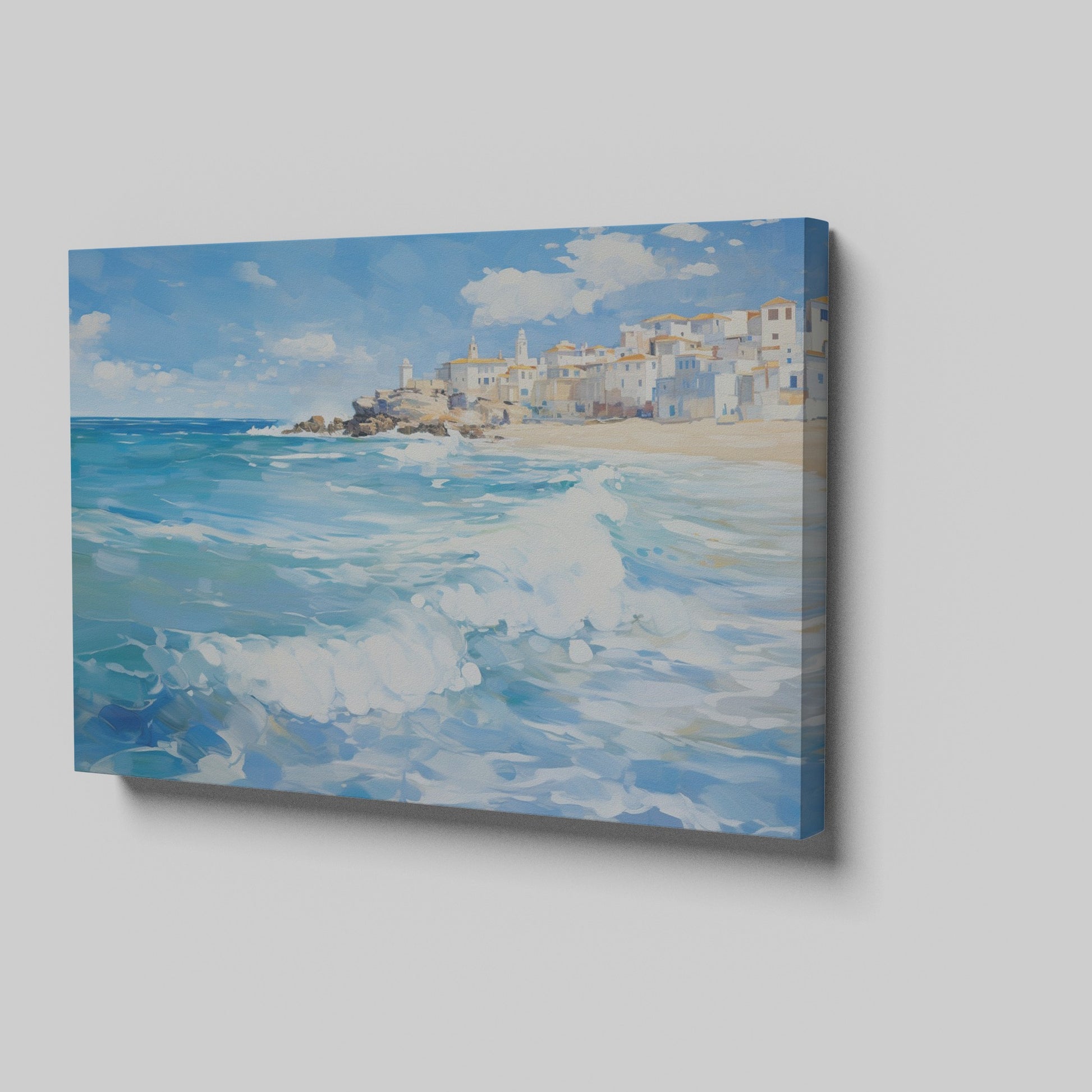 Framed canvas print of a Mediterranean village by the sea with vibrant blue waves and sunny sky