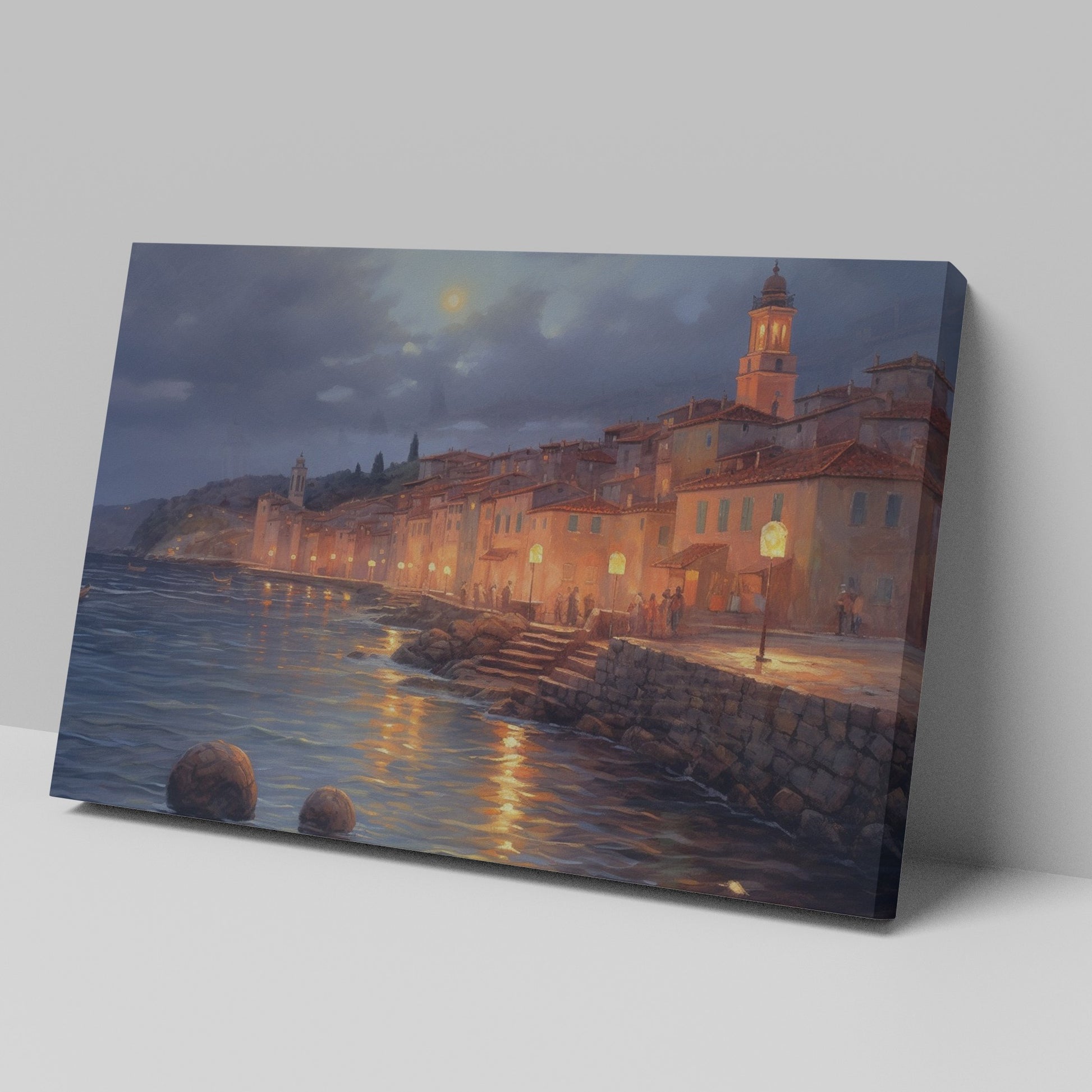 Framed canvas print of a moonlit Mediterranean coastal town with glowing street lamps