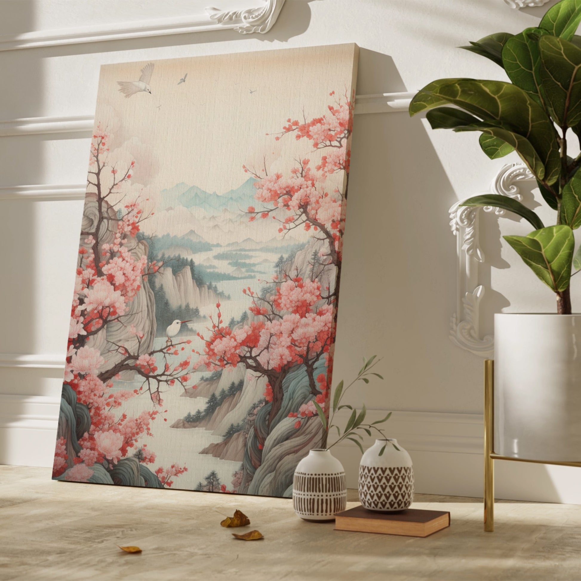 Framed canvas print of oriental landscape with cherry blossoms and birds over tranquil mountains