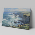 Framed canvas print of a coastal cliffside seascape with ocean waves and sunny skies