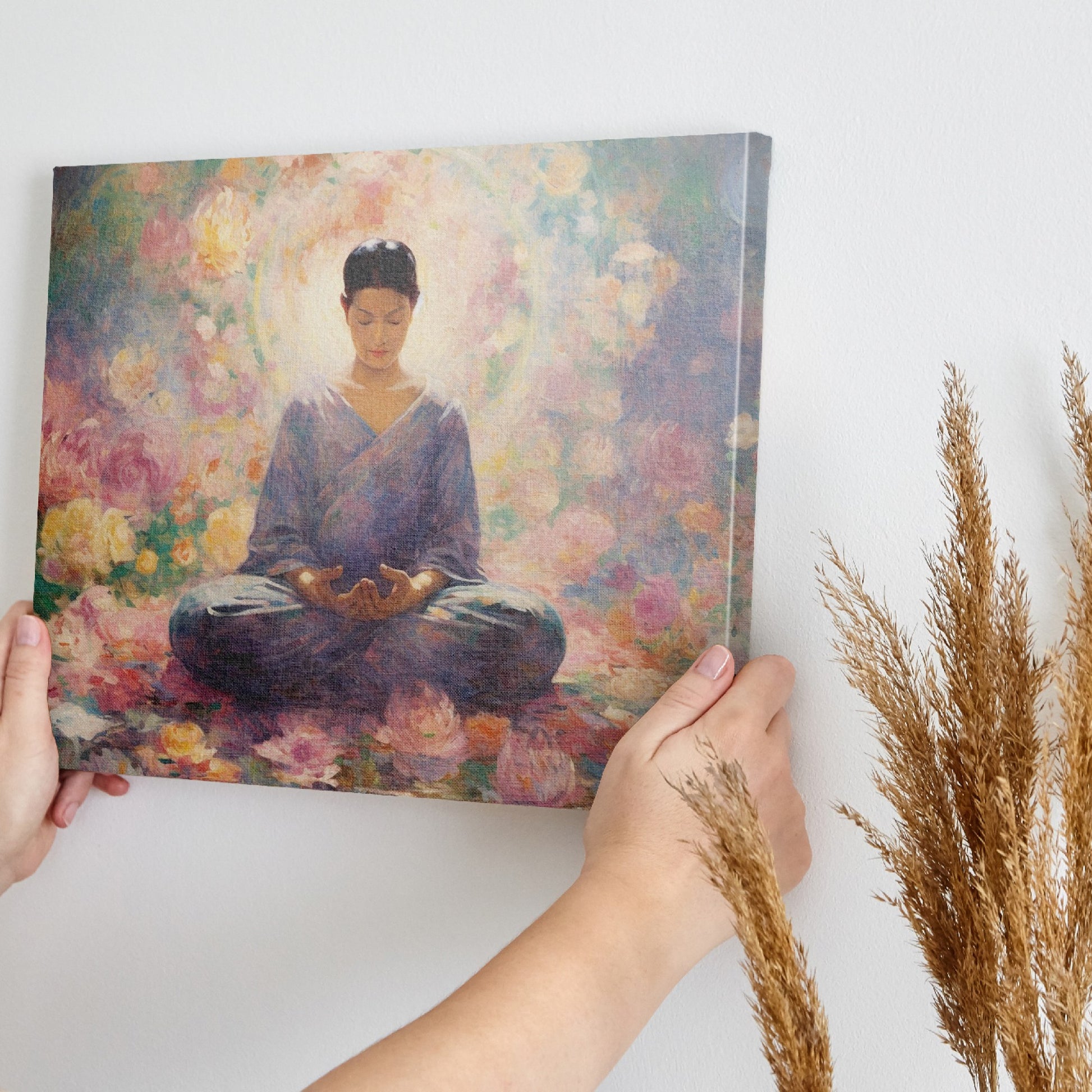 Framed canvas print of a meditative figure in a floral garden with soft pastel tones