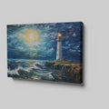 Framed canvas print of an impressionist lighthouse seascape with textured brushwork and dynamic ocean waves