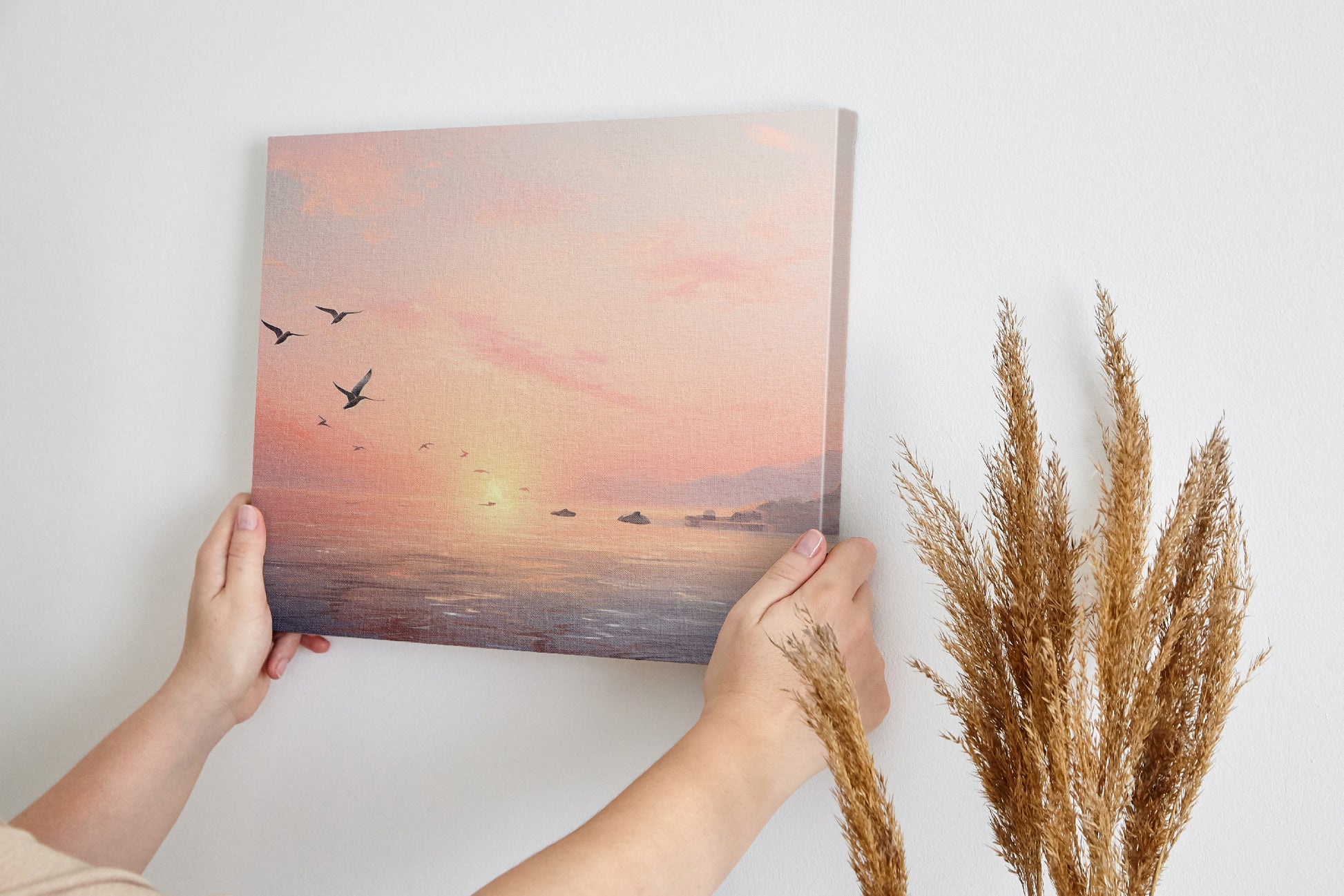 Framed canvas print of a serene seascape at sunset with flying birds and calm ocean waters