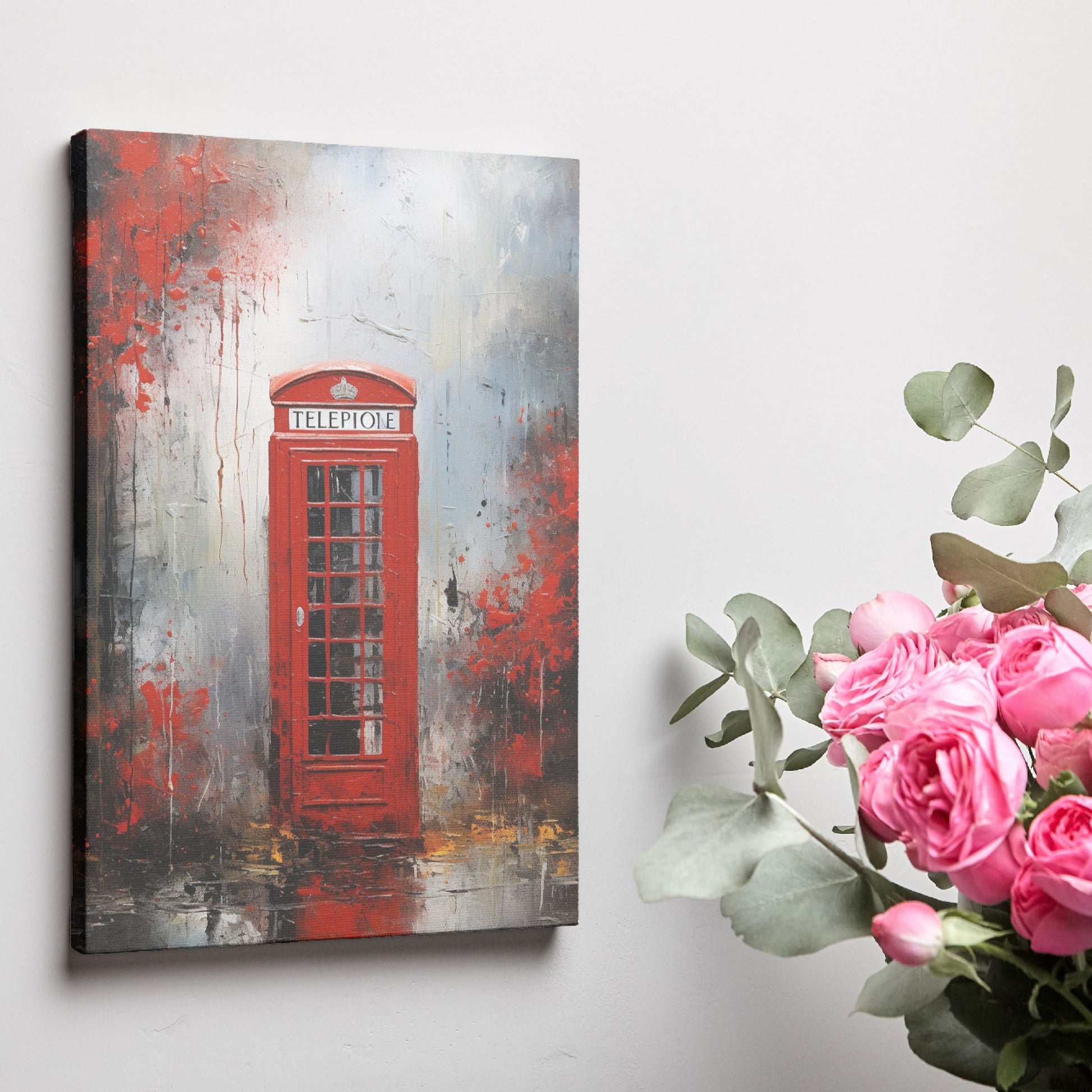 Framed canvas print of a London red telephone box with abstract splatter textures in shades of red, grey, and black