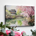 Watercolor painting of a Japanese garden with cherry blossoms, a pagoda, and a reflecting pond